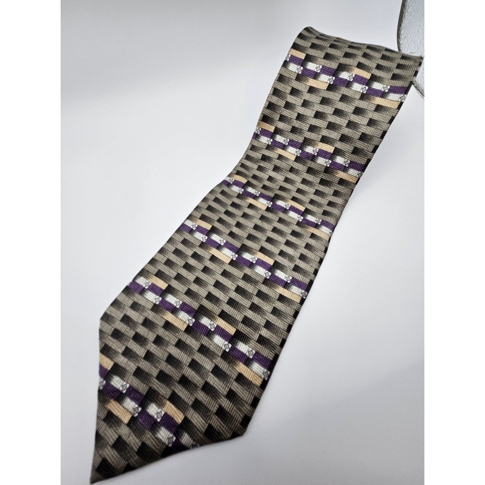 Enro Mens Silk Tie Grey Purple Geometric Basketweave Pattern Made in‎ USA 4 Inch